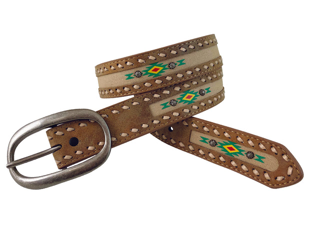 Women's Tooled Leather Light Brown Belt - Nailhead Conchos