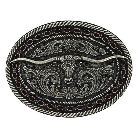 Montana Silversmiths Two Tone Antiqued Round Barbed Longhorn Attitude Belt Buckle A742