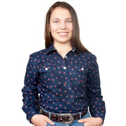 Just Country Girl's - Harper - 1/2 Button Workshirt Navy Cherries GWLS2129