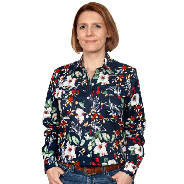 Just Country Women's - Abbey - Full Button Workshirt Navy Hibiscus WWLS2128