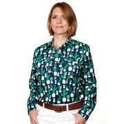 Just Country Women's Georgie Half Button Print Workshirt Navy / Green Cactus WWLS2148 front