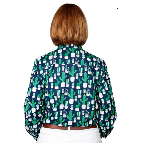 Just Country Women's Georgie Half Button Print Workshirt Navy / Green Cactus WWLS2148 back