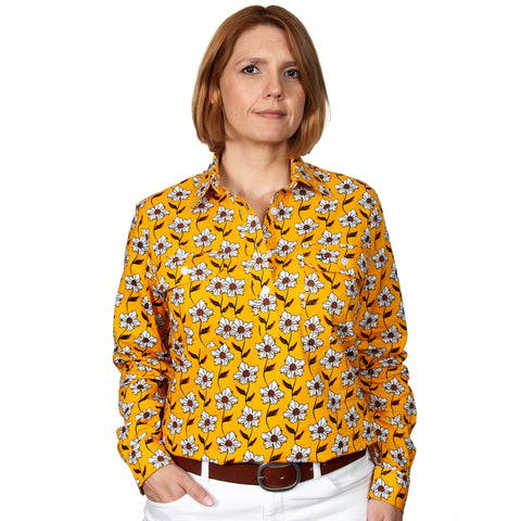 Just Country Women's Georgie Half Button Print Workshirt Mustard Floral WWLS2152 front