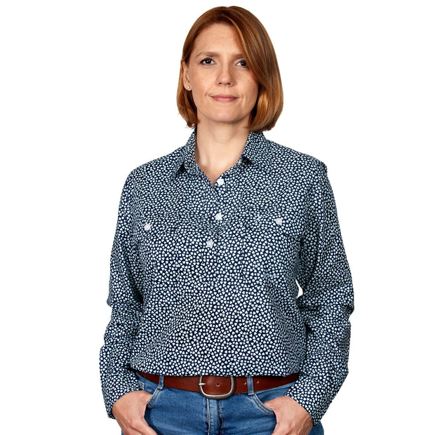 Just Country Women's Georgie Half Button Print Workshirt Navy / Mint Hearts WWLS2158 front