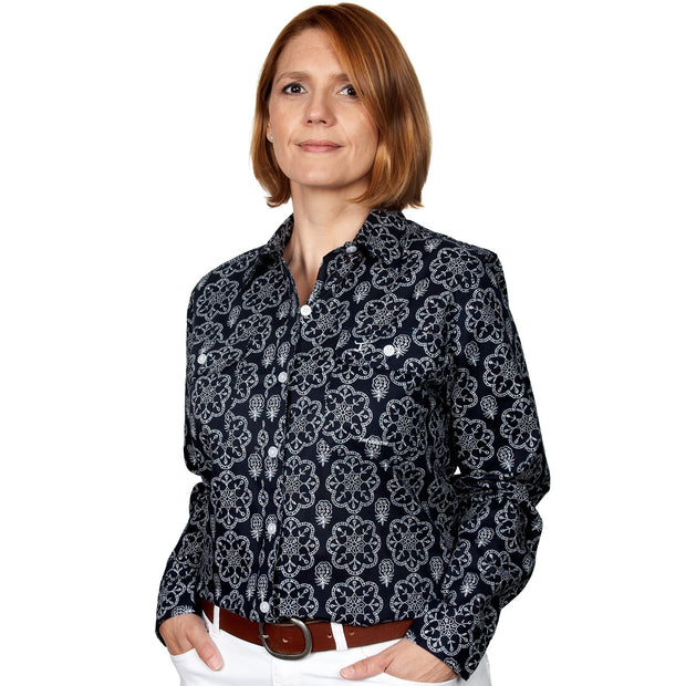 Just Country Women's - Abbey - Full Button Workshirt Ice Navy Mandala WWLS2162 front